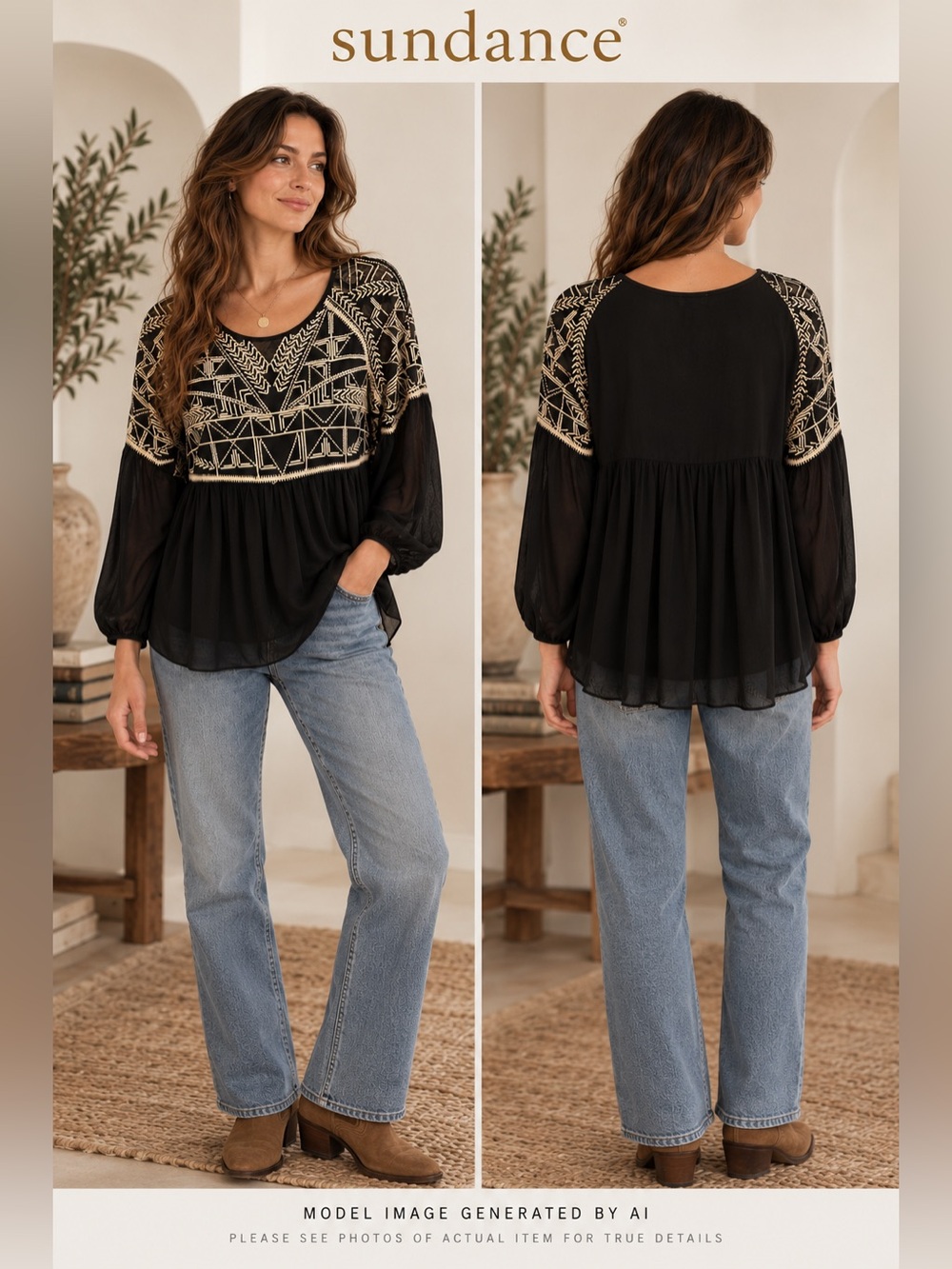 Sundance Silk Embroidered Boho Blouse Medium Sheer Peasant Top‎ Festival Style